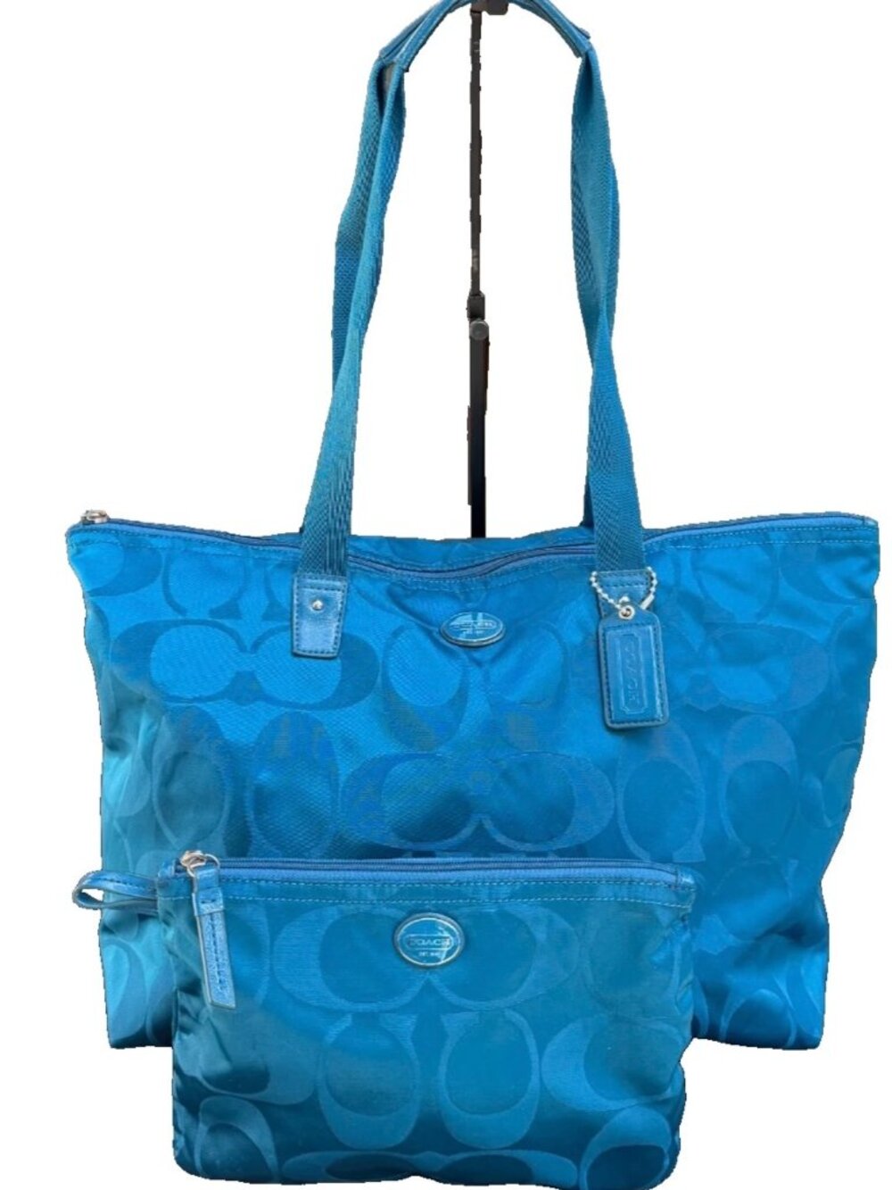 COACH GETAWAY SIGNATURE NYLON PACKABLE WEEKENDER TOTE BAG & POUCH BLUE BEACH